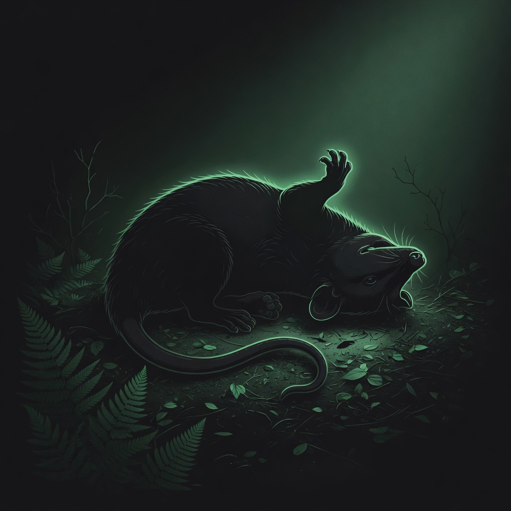 Stylized opossum silhouette glowing in forest darkness — Thanatos Forge emblem